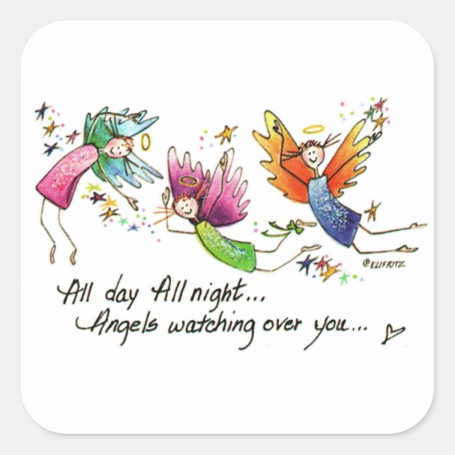 Angels Flying Happily “All Day” Watercolor Sketch  Square Sticker (Front)