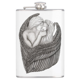 Angels Kissing , black and white Design Hip Flask