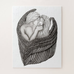 Angels Kissing , black and white Design Jigsaw Puzzle