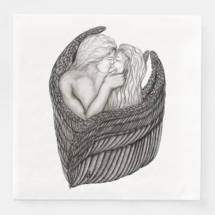 Angels Kissing , black and white Design Napkin