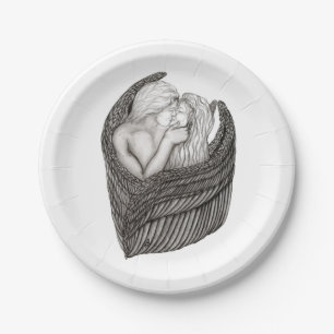Angels Kissing , black and white Design Paper Plate