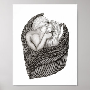 Angels Kissing , black and white Design Poster