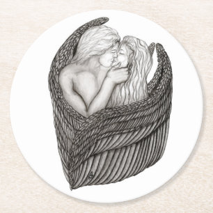 Angels Kissing , black and white Design Round Paper Coaster