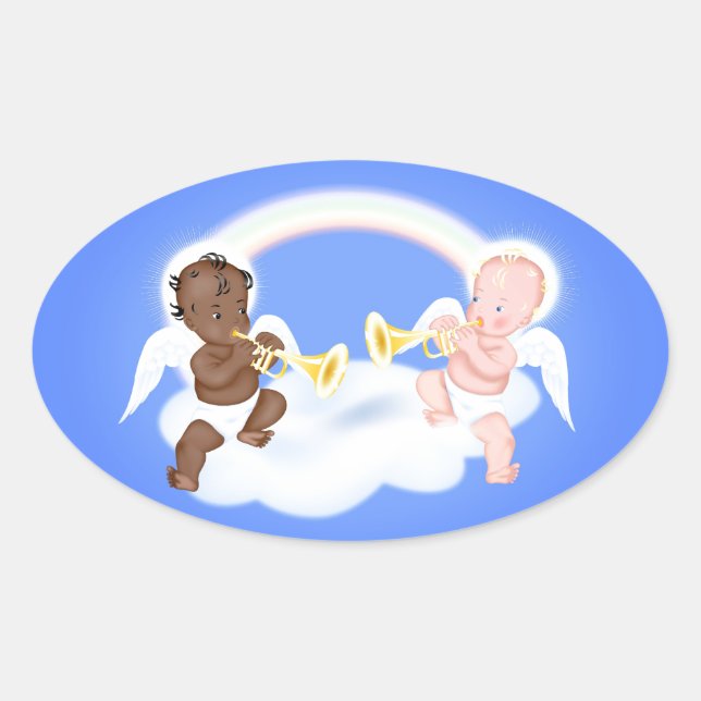 Angels on cloud oval sticker (Front)