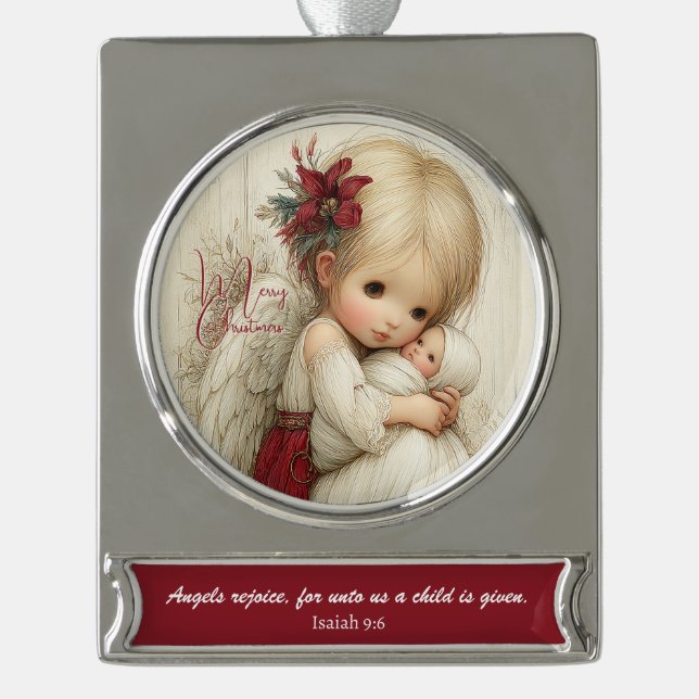 Angels Rejoice – Sacred Christmas Blessing Silver Plated Banner Ornament (Front)