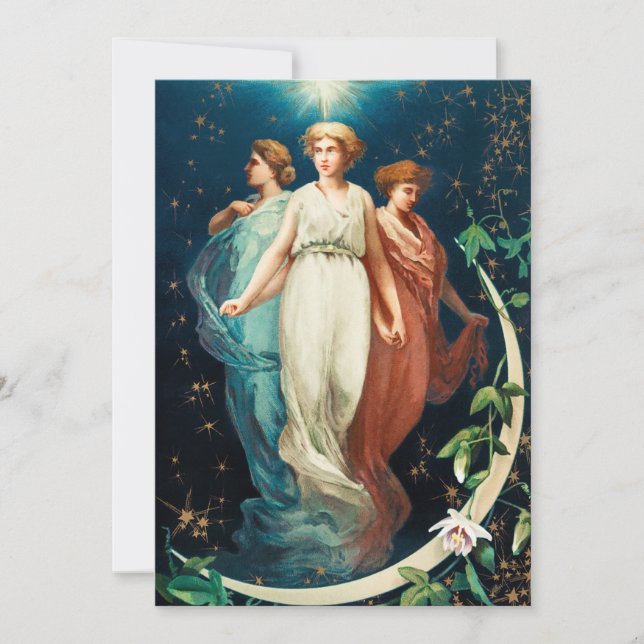 Angels, Stars, Women, the Moon Christmas Religious Holiday Card (Front)