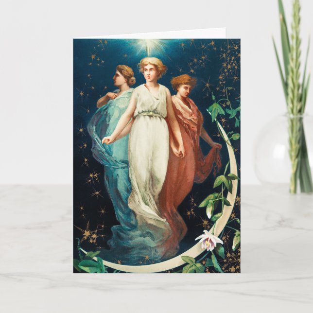 Angels, Stars, Women, the Moon Christmas Religious Holiday Card (Front)