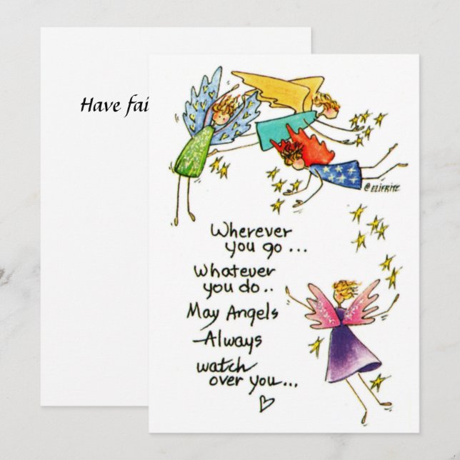 Angels Watch Over You Have Faith Colourful Sketch Holiday Card (Front/Back)