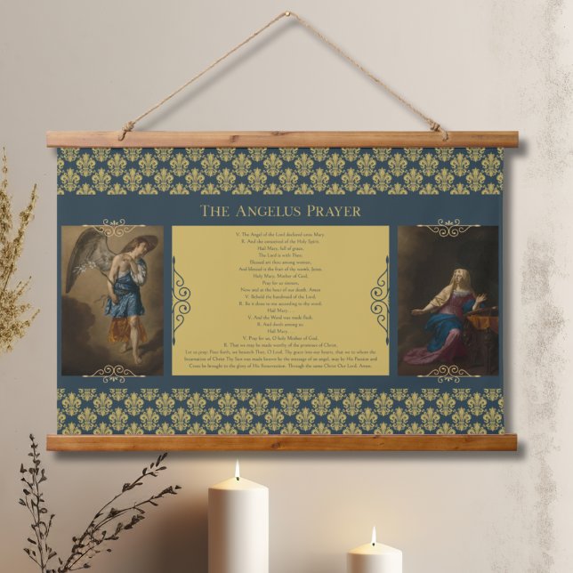 Angelus Prayer with Angel Gabriel and Mary Hanging Tapestry (The Angelus Prayer tapestry ready to hang for everyday prayer.)