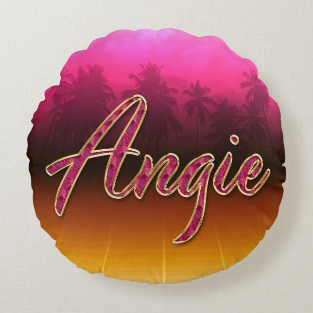 Angie First Name Golden pink cushy Round Cushion (Front)