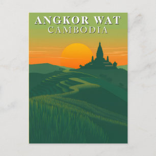 Angkor Wat Cambodia Travel Rice Fields and Temple Postcard