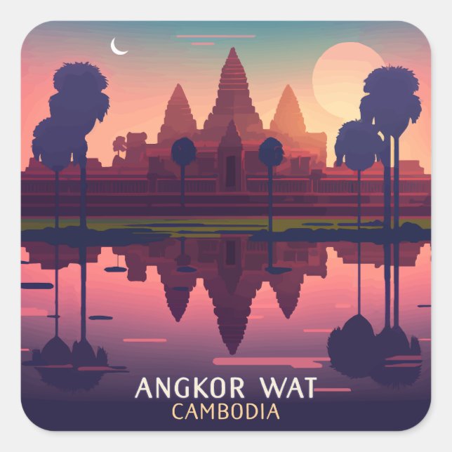 Angkor Wat Sunrise Cambodia Siem Reap Retro Square Sticker (Front)
