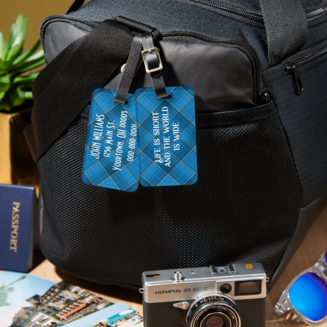 Angled Blue Plaid With Quote Luggage Tag (Front & Back)