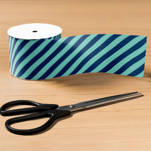 Angled Light Green and Navy Stripes Grosgrain Ribbon
