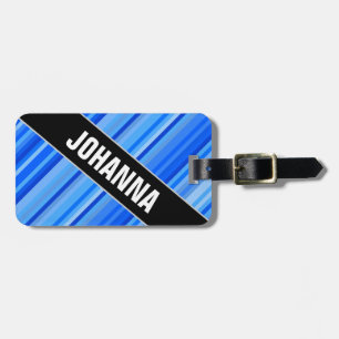 Angled Name + Stripes of Blue Pattern Luggage Tag