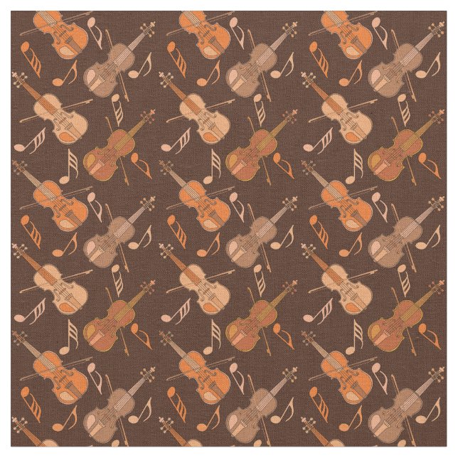 Angled Violins Music Notes Brown Fabric (Close Up)