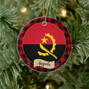 Angola, Red buffalo plaid & Angolan Flag Ceramic Tree Decoration