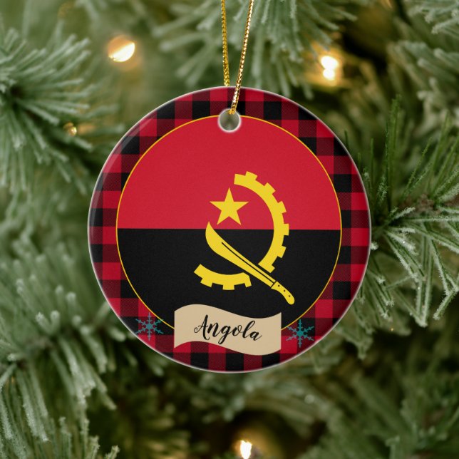 Angola, Red buffalo plaid & Angolan Flag Ceramic Tree Decoration (Tree)