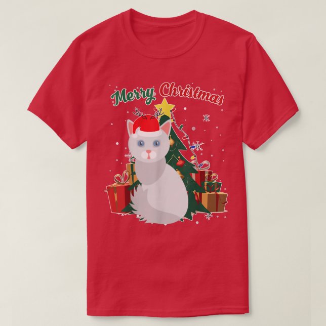 Angora Cat Christmas Tree Snow Flakes Xmas Present T-Shirt (Design Front)