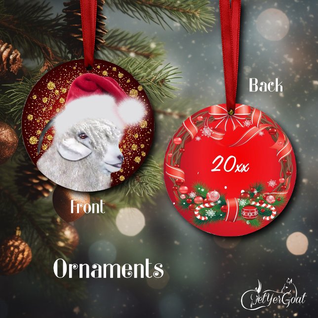Angora Goat Santa Hat Christmas Ornament (Oil portrait of an Angora goat doe my AngelFace, gold snowflakes, dated on the back #zazzlemade)