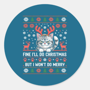 Angry Antler Cat Funny Xmas Ugly Sweater Long Slee Classic Round Sticker