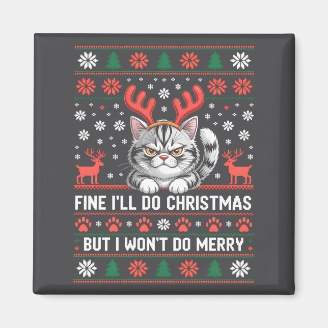 Angry Antler Cat Funny Xmas Ugly Sweater Long Slee Magnet (Front)
