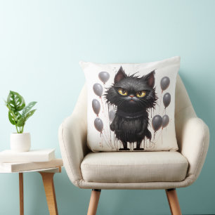 Angry Black Cat and Balloons Cushion