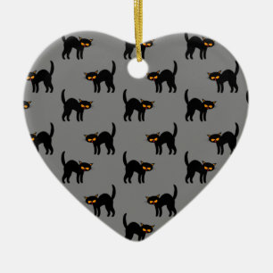 Angry Black Cat Yellow Eyes Grey Halloween Gifts Ceramic Tree Decoration