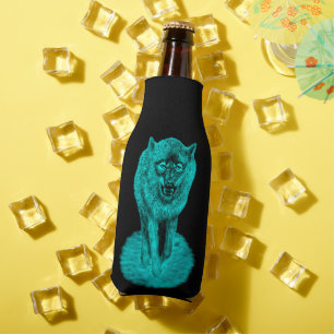 Angry Black Wolf in the Night Bottle Cooler