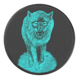 Angry Black Wolf in the Night Hockey Puck