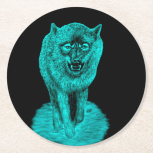 Angry Black Wolf in the Night Round Paper Coaster