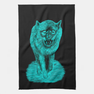 Angry Black Wolf in the Night Tea Towel