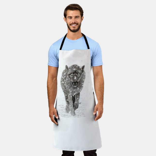 Angry Black Wolf in the Snow , wild Winter Apron (Worn)