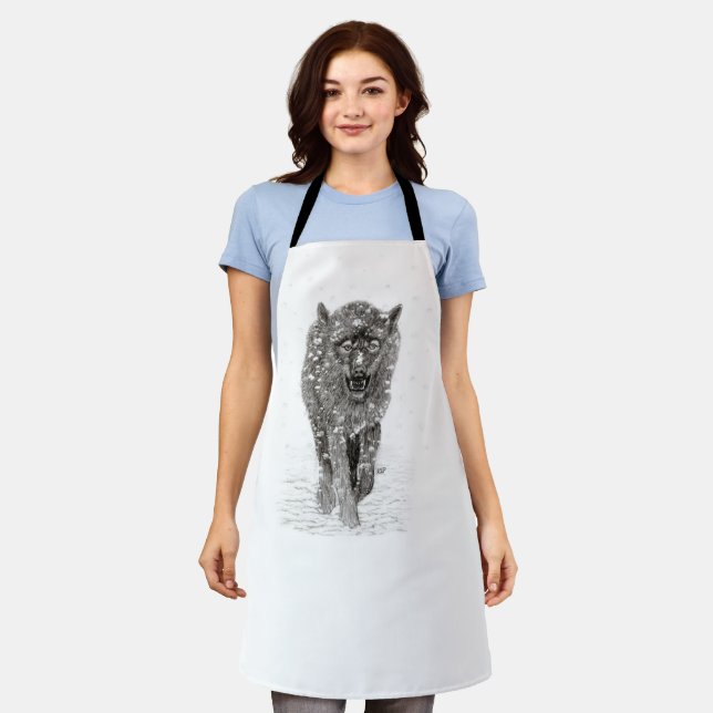 Angry Black Wolf in the Snow , wild Winter Apron (Worn)