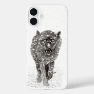 Angry Black Wolf in the Snow , wild Winter iPhone 16 Plus Case