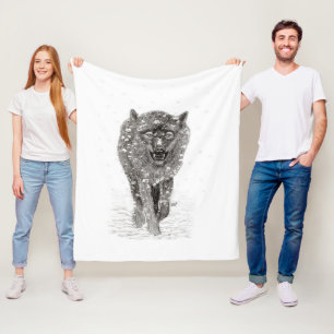 Angry Black Wolf in the Snow , wild Winter Fleece Blanket