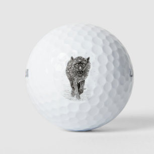 Angry Black Wolf in the Snow , wild Winter Golf Balls