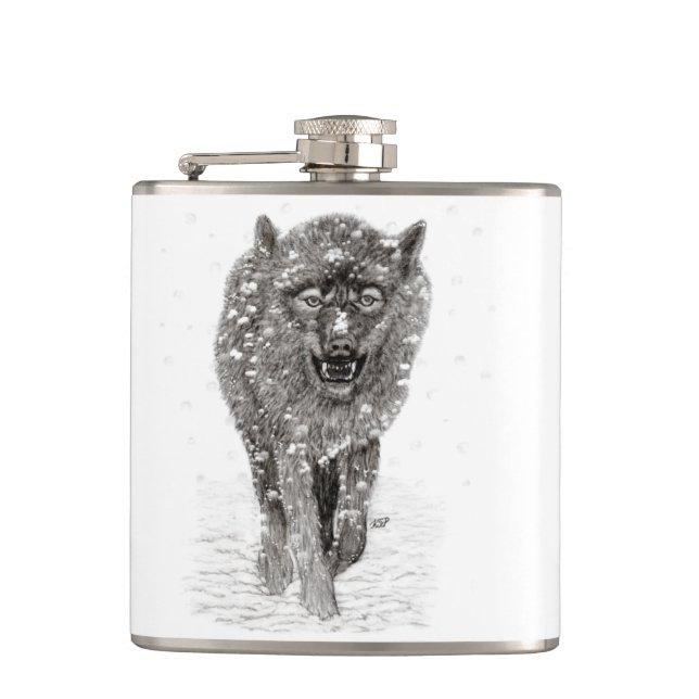 Angry Black Wolf in the Snow , wild Winter Hip Flask (Front)