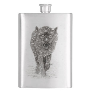 Angry Black Wolf in the Snow , wild Winter Hip Flask