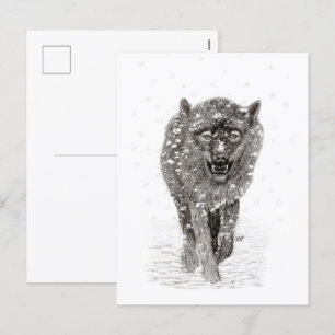 Angry Black Wolf in the Snow , wild Winter Holiday Postcard