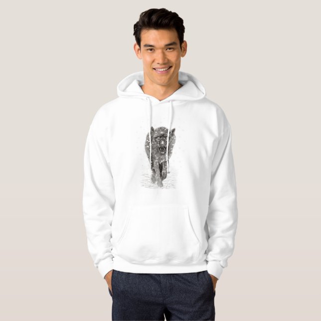 Angry Black Wolf in the Snow , wild Winter Hoodie (Front Full)