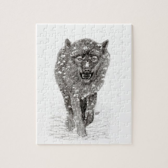 Angry Black Wolf in the Snow , wild Winter Jigsaw Puzzle (Vertical)