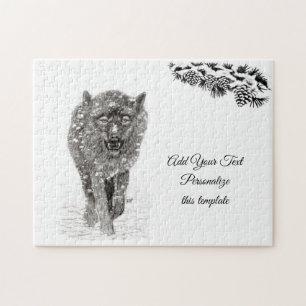 Angry Black Wolf in the Snow , wild Winter Jigsaw Puzzle