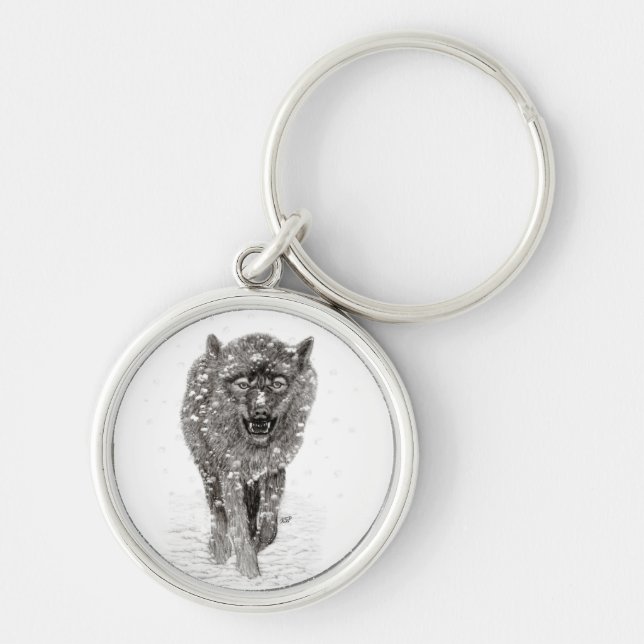 Angry Black Wolf in the Snow , wild Winter Key Ring (Front)