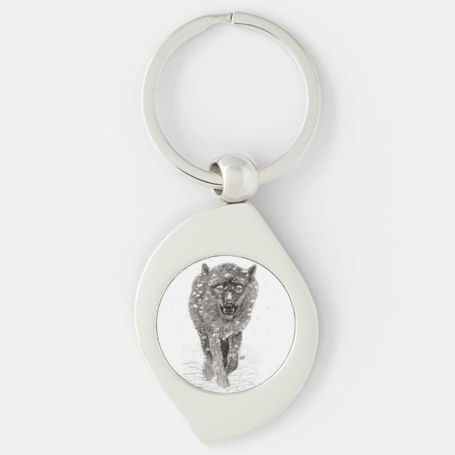 Angry Black Wolf in the Snow , wild Winter Key Ring (Front)