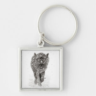 Angry Black Wolf in the Snow , wild Winter Key Ring