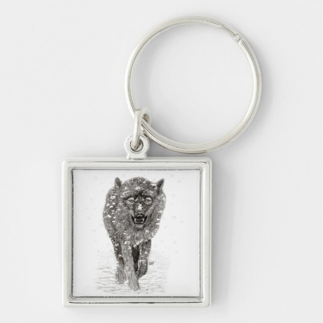 Angry Black Wolf in the Snow , wild Winter Key Ring (Front)