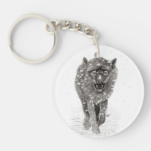 Angry Black Wolf in the Snow , wild Winter Key Ring (Front)