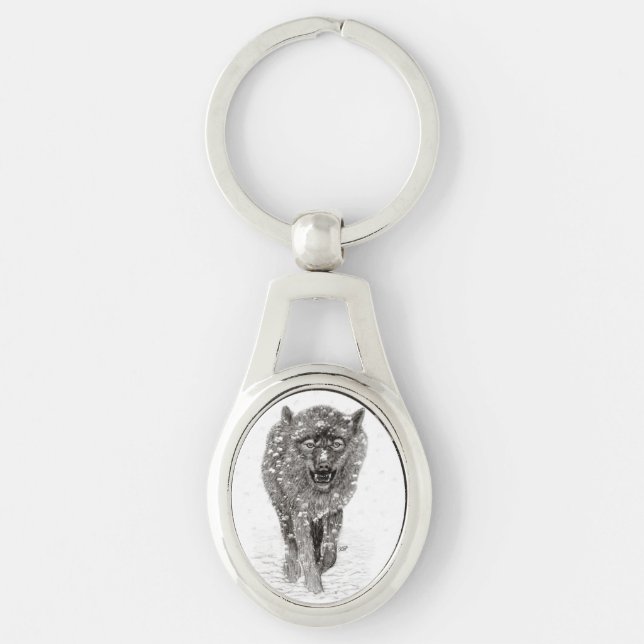 Angry Black Wolf in the Snow , wild Winter Key Ring (Front)