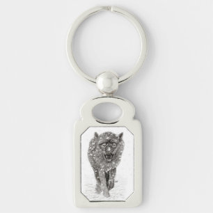Angry Black Wolf in the Snow , wild Winter Key Ring
